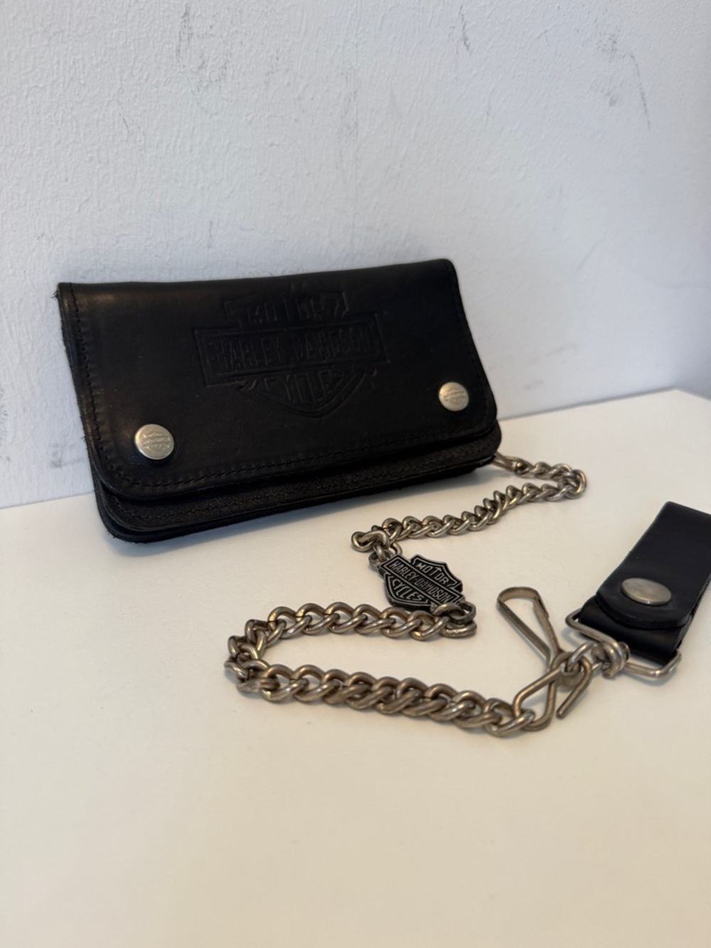 Harley-Davidson Black Leather Chain Wallet Biker Trifold Logo Embossed - Picture 5 of 16